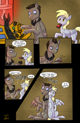 Size: 2050x3151 | Tagged: safe, artist:jitterbugjive, commissioner:bigonionbean, writer:bigonionbean, character:derpy hooves, character:doctor whooves, character:time turner, species:pegasus, species:pony, button, collar, comic, concerned, confusion, conjoined, crossover, dialogue, discord whooves, discorded, discorded whooves, doctor who, female, forced, fusion, magic, male, mare, stallion, tardis, tardis console room, tardis control room, the doctor