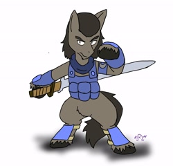 Size: 2048x1967 | Tagged: safe, artist:omegapony16, oc, oc only, oc:oriponi, species:earth pony, species:pony, armor, bipedal, clothing, hoof hold, male, scarf, signature, simple background, solo, stallion, sword, unshorn fetlocks, vest, weapon, white background