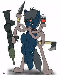 Size: 1680x2048 | Tagged: safe, alternate version, artist:omegapony16, oc, oc only, axe, collar, colored, grenade, knife, monster pony, original species, prehensile tongue, rocket launcher, signature, simple background, solo, tatzlpony, tentacle tongue, tentacles, weapon, white background
