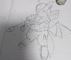 Size: 2153x1821 | Tagged: safe, artist:omegapony16, oc, species:bat pony, species:pony, armor, bat pony oc, bat wings, clothing, ear piercing, earring, eraser, hoof hold, irl, jewelry, lineart, lined paper, male, photo, piercing, rocket launcher, scarf, soldier, solo, stallion, traditional art, unshorn fetlocks, wings