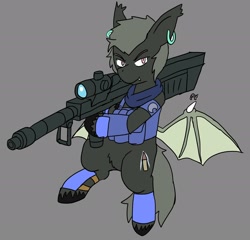 Size: 2048x1970 | Tagged: safe, alternate version, artist:omegapony16, oc, oc only, species:bat pony, species:pony, armor, bat pony oc, bat wings, clothing, colored, ear piercing, earring, featureless crotch, gray background, gun, hoof hold, jewelry, male, piercing, pubic fluff, scarf, simple background, solo, stallion, unshorn fetlocks, vest, weapon, wings