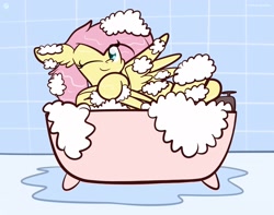Size: 1920x1513 | Tagged: safe, artist:kimjoman, character:fluttershy, species:pegasus, species:pony, bath, bathing, bathtub, bubble bath, cute, ear fluff, female, floppy ears, indoors, looking at you, mare, one eye closed, one wing out, smiling, solo, washing, water, wings, wink, winking at you