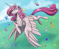 Size: 1200x1000 | Tagged: safe, artist:sunny way, character:princess cadance, oc, oc only, oc:bleeding heart, species:alicorn, species:pony, beautiful, butterfly, cloud, cloudy, cute, cutedance, feather, female, fly, flying, grass, horn, insect, nightmare cadance, nightmarified, sly, smiley face, smiling, solo, spring, wings