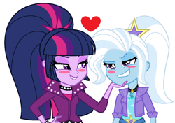 Size: 1424x1004 | Tagged: safe, alternate version, artist:sarahalen, artist:themexicanpunisher, edit, character:trixie, character:twilight sparkle, ship:twixie, my little pony:equestria girls, alternate hairstyle, alternate universe, bedroom eyes, belt, blushing, choker, clothing, female, gem, jacket, leather jacket, lesbian, looking at each other, pants, shipping, shirt, simple background, siren gem, spiked choker, spiked wristband, t-shirt, white background, wristband