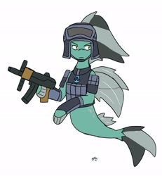 Size: 1896x2048 | Tagged: safe, artist:omegapony16, oc, oc only, species:sea pony, armor, gun, helmet, signature, simple background, soldier, solo, weapon, white background