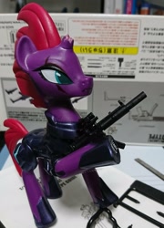Size: 1476x2048 | Tagged: safe, artist:omegapony16, character:tempest shadow, species:pony, species:unicorn, armor, broken horn, eye scar, female, gun, hoof hold, hoof shoes, horn, irl, mare, mp5sd, photo, raised hoof, scar, solo, toy, weapon
