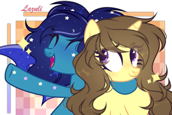 Size: 1500x1000 | Tagged: safe, artist:lazuli, oc, oc only, oc:astral flare, oc:eclipsa, species:bat pony, species:pony, species:unicorn, bat pony oc, bat wings, best friends, blushing, excited, happy, hug, simple background, smiling, stars, transparent background, wings