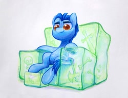 Size: 1020x784 | Tagged: safe, artist:dawnfire, oc, oc only, species:earth pony, species:pony, bone, couch, gelatinous cube, slime, solo, traditional art