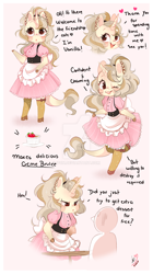 Size: 800x1428 | Tagged: safe, artist:ipun, oc, oc only, oc:vanilla, species:anthro, species:pony, species:unguligrade anthro, species:unicorn, anthro oc, apron, arm hooves, chibi, clothing, creme brulee (food), deviantart watermark, dress, female, friendship cafe, heart, maid, mare, obtrusive watermark, solo, watermark