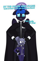 Size: 1697x2421 | Tagged: safe, artist:moonatik, character:nightmare moon, character:princess luna, oc, oc:selenite, species:alicorn, species:anthro, species:bat pony, species:pony, bat pony oc, bat wings, cape, clothing, dialogue, epaulettes, female, gloves, mare, military uniform, missing accessory, sharp teeth, simple background, size difference, smol, tall, teeth, transparent background, wings
