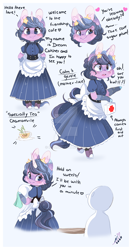 Size: 800x1511 | Tagged: safe, artist:ipun, oc, oc only, oc:dream catcher, species:anthro, species:pony, species:unguligrade anthro, species:unicorn, anthro oc, arm hooves, bipedal, cheek fluff, chibi, clothing, deviantart watermark, dress, ear fluff, female, first aid kit, food, friendship cafe, maid, mare, obtrusive watermark, shoes, solo, tea, watermark
