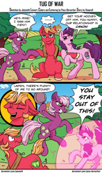 Size: 914x1550 | Tagged: safe, artist:julunis14, artist:pony-berserker, character:big mcintosh, character:cheerilee, character:sugar belle, species:earth pony, species:pony, species:unicorn, ship:cheerimac, ship:sugarmac, big macintosh gets all the mares, collaboration, comic, female, force field, frying pan, glowing horn, horn, male, shipping, straight, tug of war