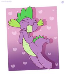 Size: 2739x3253 | Tagged: safe, artist:kimjoman, character:spike, species:dragon, abstract background, cute, cute little fangs, eyes closed, fangs, happy, heart, high res, male, smiling, solo, spikabetes