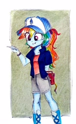 Size: 2171x3548 | Tagged: safe, artist:liaaqila, character:rainbow dash, my little pony:equestria girls, cap, clothing, cosplay, costume, crossover, dipper pines, disney, gravity falls, hat, high res, shorts, traditional art