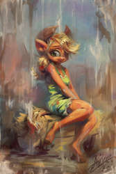 Size: 800x1200 | Tagged: safe, artist:assasinmonkey, character:applejack, species:anthro, species:earth pony, species:pony, species:unguligrade anthro, clothing, colored hooves, cowboy hat, dress, female, hat, hay bale, looking at you, mare, sitting, solo, sundress