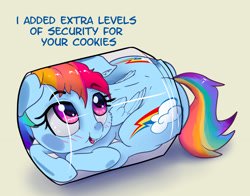 Size: 2665x2093 | Tagged: safe, artist:xbi, character:rainbow dash, species:pegasus, species:pony, 30 minute art challenge finished after, behaving like a cat, blatant lies, blushing, both cutie marks, cookie, cookie jar, cookie jar pony, cookie thief, cute, dashabetes, dialogue, female, food, high res, i don't like where this is going, if i fits i sits, jar, pony in a bottle, simple background, solo, this will end in colic, yellow background