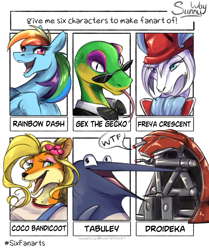 Size: 1200x1433 | Tagged: safe, artist:sunny way, character:rainbow dash, non-mlp oc, oc, species:anthro, species:pegasus, species:pony, bust, coco bandicoot, crossover, droideka, feather, female, final fantasy, final fantasy ix, freya crescent, gex, lizard, mare, non-pony oc, portrait, six fanarts, star wars, wings