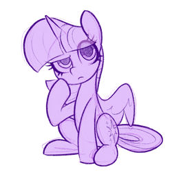 Size: 1698x1698 | Tagged: safe, artist:dawnfire, character:twilight sparkle, character:twilight sparkle (alicorn), species:alicorn, species:pony, cute, eye clipping through hair, female, frown, looking up, mare, monochrome, simple background, sitting, sketch, solo, spread wings, thinking, twiabetes, white background, wings