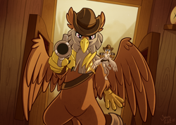 Size: 2000x1414 | Tagged: safe, artist:sugaryviolet, oc, oc only, oc:der, oc:peregrine, species:griffon, aiming, badge, bandolier, bipedal, clothing, cowboy hat, deputy, dual wield, duo, flying, griffon oc, gun, gunslinger, handgun, hat, holster, looking at you, old west, revolver, saloon, saloon door, sheriff, size difference, weapon, wings