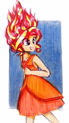 Size: 2146x3816 | Tagged: safe, artist:liaaqila, character:sunset shimmer, my little pony:equestria girls, adventure time, alternate hairstyle, clothing, dress, eye clipping through hair, female, fiery shimmer, fire, flame princess, smiling, solo