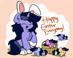 Size: 3250x2560 | Tagged: safe, artist:kimjoman, oc, oc only, oc:purple flix, species:pony, species:unicorn, blob, bunny ears, chest fluff, cute, easter, easter egg, eyes closed, holiday, male, question mark, solo, stallion, text, tongue out