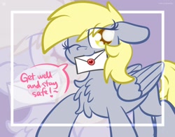Size: 1920x1513 | Tagged: safe, artist:kimjoman, character:derpy hooves, species:pegasus, species:pony, coronavirus, covid-19, dialogue, eye clipping through hair, female, letter, looking at you, mare, mouth hold, one eye closed, smiling, wink, zoom layer