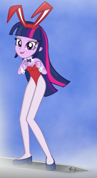 Size: 893x1639 | Tagged: safe, artist:grapefruitface1, character:twilight sparkle, my little pony:equestria girls, bare shoulders, bow tie, bunny ears, bunny suit, clothing, cloud, cuffs (clothes), daicon iv, female, looking at you, playboy bunny, sky, sleeveless, solo, strapless, sword, weapon