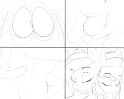 Size: 2500x2000 | Tagged: safe, artist:chapaevv, character:princess celestia, character:princess luna, comic, duo, easter, egg, holiday, monochrome, royal sisters, swallowing, throat bulge