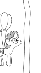 Size: 675x1200 | Tagged: safe, artist:pony-berserker, character:pinkie pie, character:starlight glimmer, species:earth pony, species:pony, species:unicorn, balloon, duo, female, floating, grayscale, long glimmer, meme, monochrome, simple background, then watch her balloons lift her up to the sky, white background, wide eyes