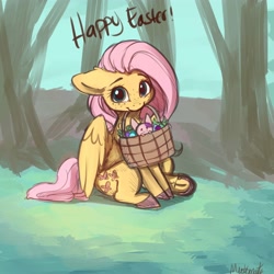 Size: 4000x4000 | Tagged: safe, artist:miokomata, character:fluttershy, oc, species:pegasus, species:pony, species:rabbit, animal, basket, colored hooves, cute, easter, easter basket, female, floppy ears, freckles, freckleshy, holiday, looking at you, mare, mouth hold, outdoors, shyabetes, sitting, spread wings, underhoof, weapons-grade cute, wings