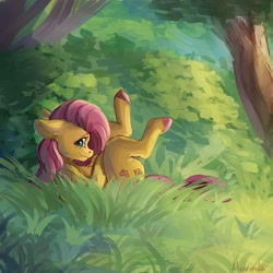 Size: 4000x4000 | Tagged: safe, artist:miokomata, character:fluttershy, species:pegasus, species:pony, absurd resolution, blushing, chest fluff, colored hooves, cute, fangs, female, floppy ears, forest, freckles, freckleshy, grass, looking at you, mare, on back, outdoors, profile, scenery, shyabetes, solo