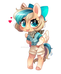 Size: 800x976 | Tagged: safe, artist:ipun, oc, oc only, oc:sun light, species:anthro, species:pegasus, species:pony, species:unguligrade anthro, arm hooves, bandana, bipedal, bow, chibi, clothing, deviantart watermark, female, hair bow, heart, mare, obtrusive watermark, shorts, simple background, solo, tongue out, transparent background, watermark