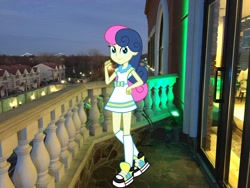 Size: 2048x1536 | Tagged: safe, artist:razethebeast, artist:topsangtheman, character:bon bon, character:sweetie drops, my little pony:equestria girls, balcony, irl, looking at you, night, photo, ponies in real life, shoes, sneakers, spa castle
