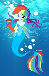 Size: 2335x3607 | Tagged: safe, artist:iamsheila, artist:liaaqila, character:rainbow dash, my little pony: the movie (2017), my little pony:equestria girls, bubble, digital art, digitalized, female, fin wings, fins, gift art, looking at you, looking back, looking back at you, mermaid, mermaidized, ocean, real life background, smiling, solo, species swap, underwater, wings