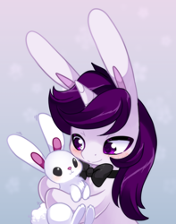 Size: 650x824 | Tagged: safe, artist:loyaldis, oc, oc:lapush buns, parent:angel bunny, species:pony, species:rabbit, species:unicorn, animal, bow tie, bunnycorn, duo, father and child, father and son, gradient background, hug, male, ych result