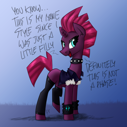 Size: 3000x3000 | Tagged: safe, artist:elite-bean-dip, artist:flutterthrash, derpibooru original, edit, character:tempest shadow, species:pony, species:unicorn, adult blank flank, blank flank tempest, broken horn, choker, clothing, dialogue, exclamation point, eye scar, female, grammar error, horn, it's not a phase, mare, metal, scar, smiling, solo, spiked choker, storm king's emblem, talking to viewer, wristband