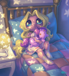 Size: 2700x2968 | Tagged: safe, artist:holivi, species:anthro, species:pegasus, species:pony, species:unguligrade anthro, bed, clothing, cute, dress, female, filly, holivi is trying to murder us, plushie, signature, solo, starry eyes, weapons-grade cute, wingding eyes