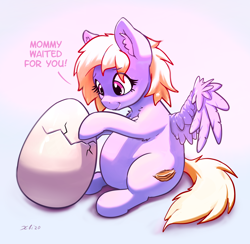 Size: 2706x2642 | Tagged: safe, artist:xbi, oc, oc only, species:pegasus, species:pony, behaving like a bird, dialogue, egg, gradient background, hatching, pregnant
