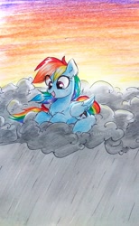 Size: 2156x3503 | Tagged: safe, artist:liaaqila, character:rainbow dash, species:pegasus, species:pony, chest fluff, cloud, cute, dashabetes, female, happy, looking down, mare, rain, solo, sunlight, traditional art