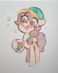 Size: 2628x3288 | Tagged: safe, artist:dawnfire, oc, oc only, oc:vanilla creame, species:earth pony, species:pony, alcohol, baseball cap, beer, blushing, cap, clothing, crayon, drunk, hat, oakland athletics, simple background, solo, tongue out, traditional art, white background