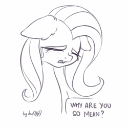 Size: 1280x1280 | Tagged: safe, artist:dsp2003, character:fluttershy, species:pegasus, species:pony, bust, crying, dialogue, eyes closed, floppy ears, monochrome, open mouth, portrait, signature, simple background, single panel, sketch, speech bubble, white background
