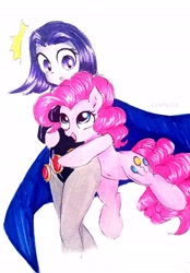 Size: 2322x3342 | Tagged: safe, artist:liaaqila, character:pinkie pie, species:earth pony, species:human, species:pony, commission, crossover, cute, diapinkes, female, hug, mare, open mouth, raven (teen titans), simple background, surprised, teen titans, traditional art, white background
