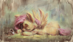 Size: 1200x693 | Tagged: safe, artist:assasinmonkey, character:angel bunny, character:fluttershy, species:pegasus, species:pony, species:rabbit, animal, duo, eyes closed, female, male, mare, prone, solo focus, spread wings, wings