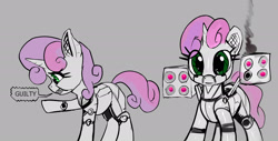 Size: 2520x1281 | Tagged: safe, artist:xbi, character:sweetie belle, species:pony, species:unicorn, sweetie bot, cute, dialogue, diasweetes, female, gray background, guilty, gun, implied execution, looking at you, robot, robot pony, rocket launcher, shooting, simple background, sketch, smoke, solo, weapon