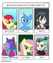 Size: 1024x1223 | Tagged: safe, artist:grapefruitface1, character:apple bloom, character:fluttershy, character:trixie, species:earth pony, species:human, species:pegasus, species:pony, species:unicorn, amity blight, apple, byleth, crossover, female, filly, fire emblem, fire emblem: three houses, food, hudson horstachio, looking at you, mare, six fanarts, the owl house, viva piñata