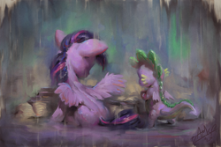 Size: 1200x800 | Tagged: safe, artist:assasinmonkey, character:spike, character:twilight sparkle, character:twilight sparkle (alicorn), species:alicorn, species:dragon, species:pony, book, duo, female, male, mare, rain, reading, sitting, winged spike