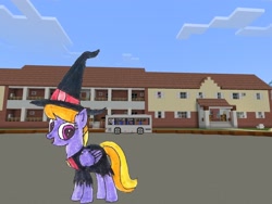 Size: 2048x1536 | Tagged: safe, artist:topsangtheman, character:cloud kicker, species:pegasus, species:pony, clothing, costume, female, house, looking at you, minecraft, photoshopped into minecraft, solo, traditional art, witch
