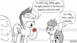 Size: 1200x675 | Tagged: safe, artist:pony-berserker, character:apple bloom, character:applejack, species:earth pony, species:pony, apple, apples and apple accessories, dialogue, food, hay, king of the hill, monochrome, neo noir, partial color, pony-berserker's twitter sketches, speech bubble, stippling, that pony sure does love apples