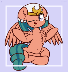 Size: 3072x3250 | Tagged: safe, artist:kimjoman, character:somnambula, species:pegasus, species:pony, g4, belly button, chest fluff, crossed legs, cute, ear fluff, female, high res, mare, omnambula, one eye closed, open mouth, sitting, solo, somnambetes, wink, yoga
