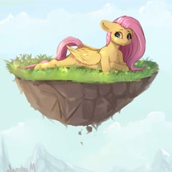 Size: 4000x4000 | Tagged: safe, artist:miokomata, character:fluttershy, species:pegasus, species:pony, chest fluff, cloud, crossed hooves, dirt cube, dock, female, floating island, floppy ears, folded wings, freckles, freckleshy, grass, human shoulders, looking back, looking sideways, mare, mountain, prone, semi-anthro, signature, solo, wings